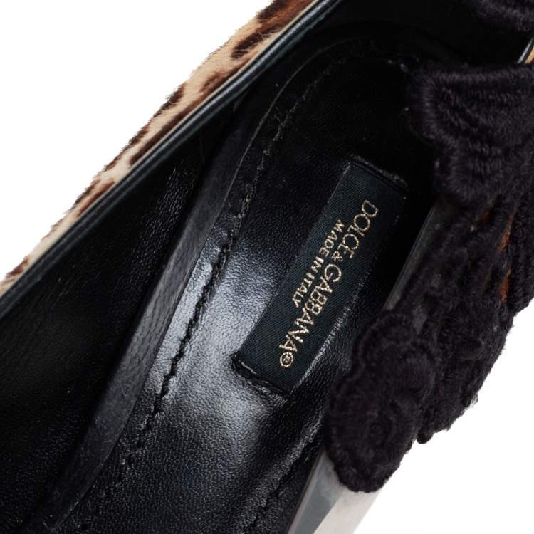 Pre Owned Dolce & Gabbana Black/Brown Calf Hair And PVC Leopard Print  Floral Embroidered Peep Toe Pumps Size 37.5