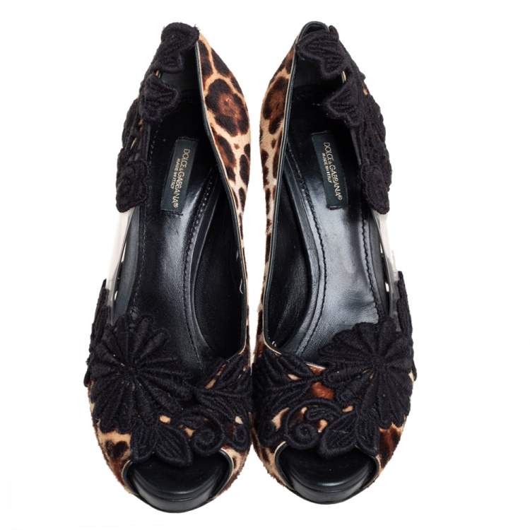Pre Owned Dolce & Gabbana Black/Brown Calf Hair And PVC Leopard Print  Floral Embroidered Peep Toe Pumps Size 37.5