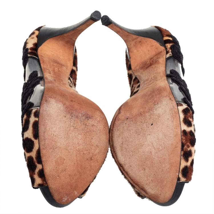 Pre Owned Dolce & Gabbana Black/Brown Calf Hair And PVC Leopard Print  Floral Embroidered Peep Toe Pumps Size 37.5
