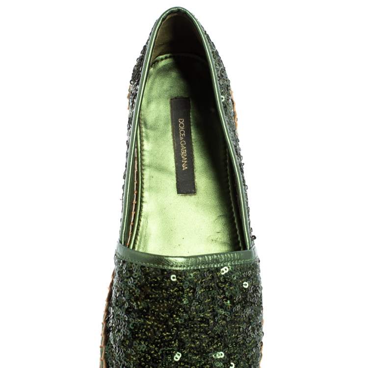 Pre Owned Dolce & Gabbana Green Sequin Flat Espadrilles Size 37