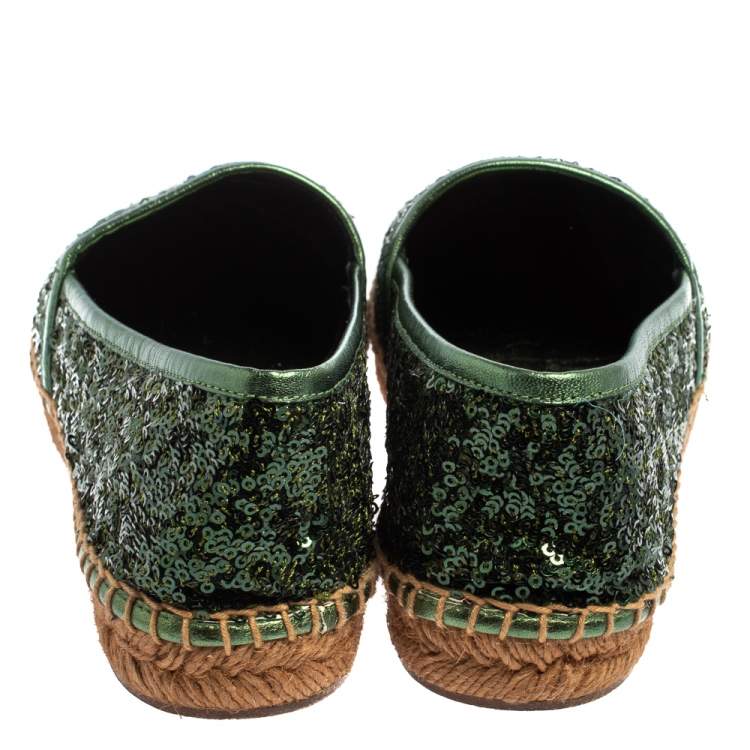 Pre Owned Dolce & Gabbana Green Sequin Flat Espadrilles Size 37