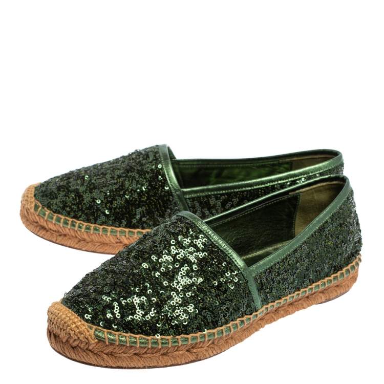 Pre Owned Dolce & Gabbana Green Sequin Flat Espadrilles Size 37