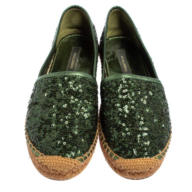 Pre Owned Dolce & Gabbana Green Sequin Flat Espadrilles Size 37
