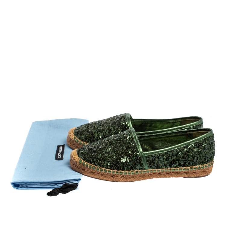 Pre Owned Dolce & Gabbana Green Sequin Flat Espadrilles Size 37