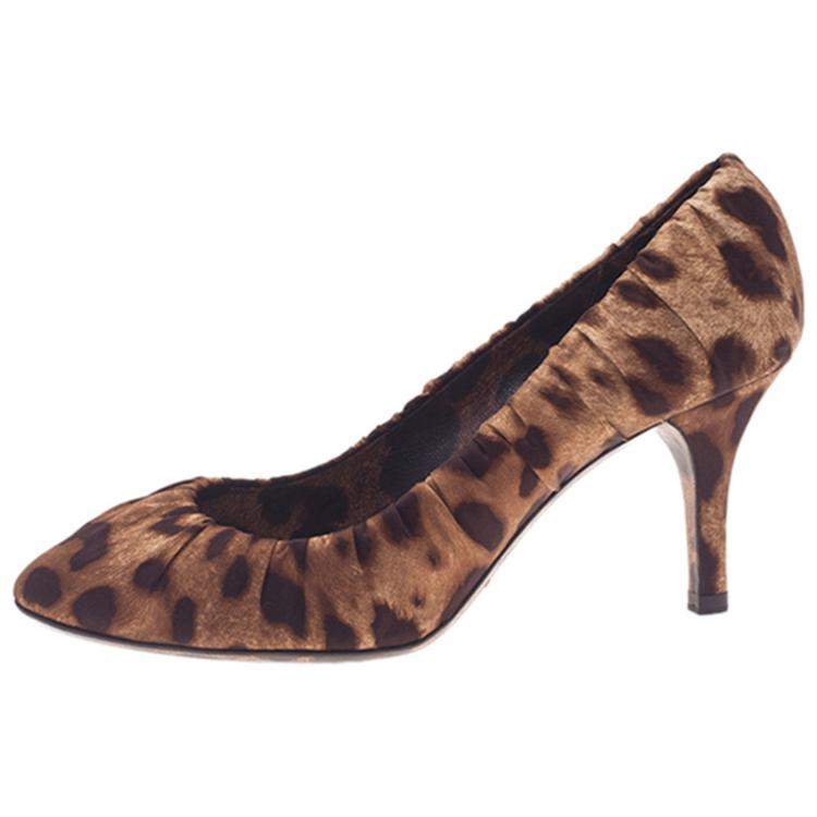 Pre Owned Dolce & Gabbana Leopard Print Scrunched Satin Pumps Size 37.5