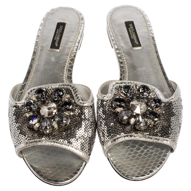 Pre Owned Dolce & Gabbana Silver Sequins Patent Leather Crystal Embellished Slides Sandals Size 38
