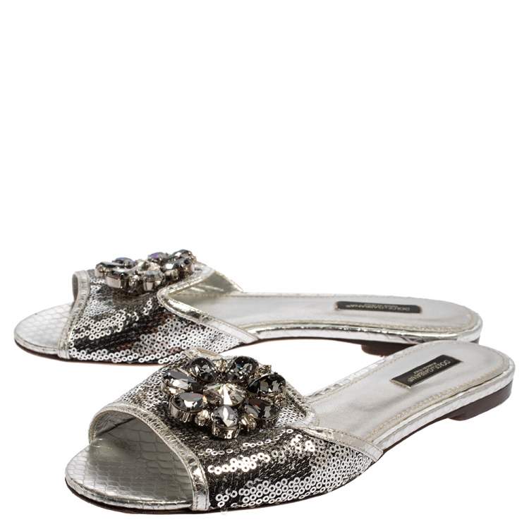 Pre Owned Dolce & Gabbana Silver Sequins Patent Leather Crystal Embellished Slides Sandals Size 38