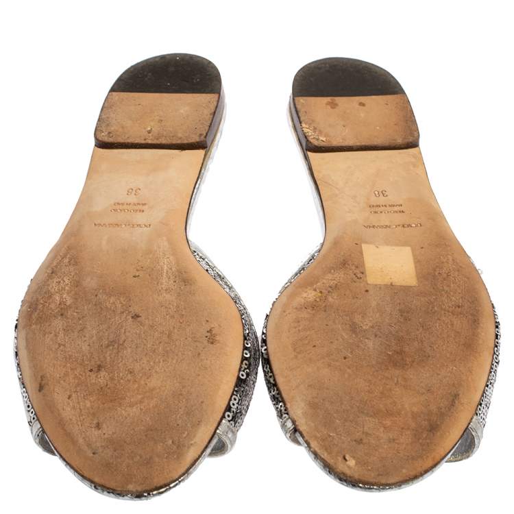 Pre Owned Dolce & Gabbana Silver Sequins Patent Leather Crystal Embellished Slides Sandals Size 38