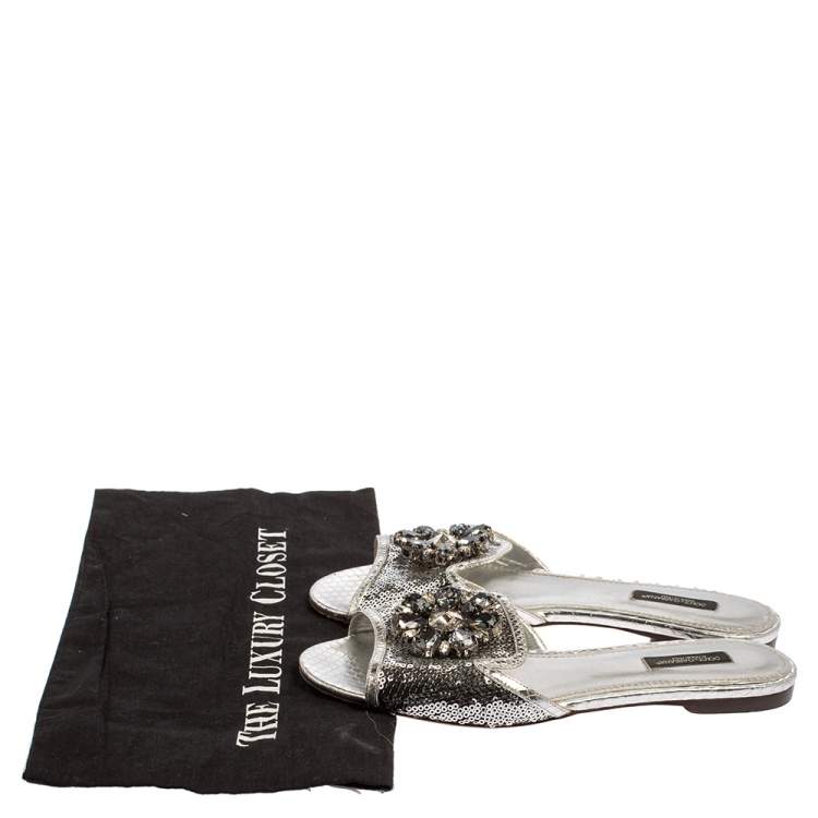 Pre Owned Dolce & Gabbana Silver Sequins Patent Leather Crystal Embellished Slides Sandals Size 38