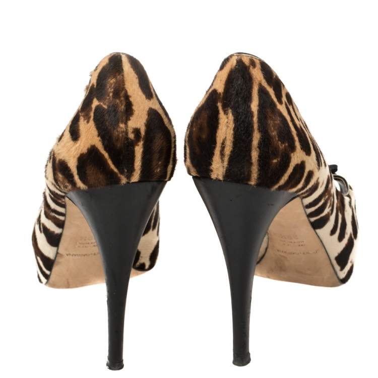 Pre Owned Dolce and Gabbana Leopard Print Pony Hair Peep Toe Platform Pumps Size 39.5