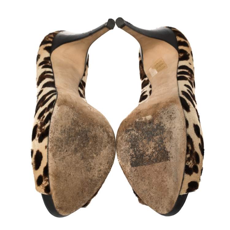 Pre Owned Dolce and Gabbana Leopard Print Pony Hair Peep Toe Platform Pumps Size 39.5