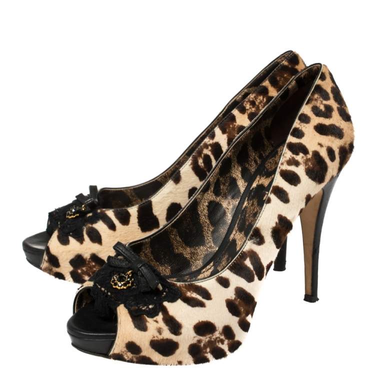 Pre Owned Dolce and Gabbana Leopard Print Pony Hair Peep Toe Platform Pumps Size 39.5