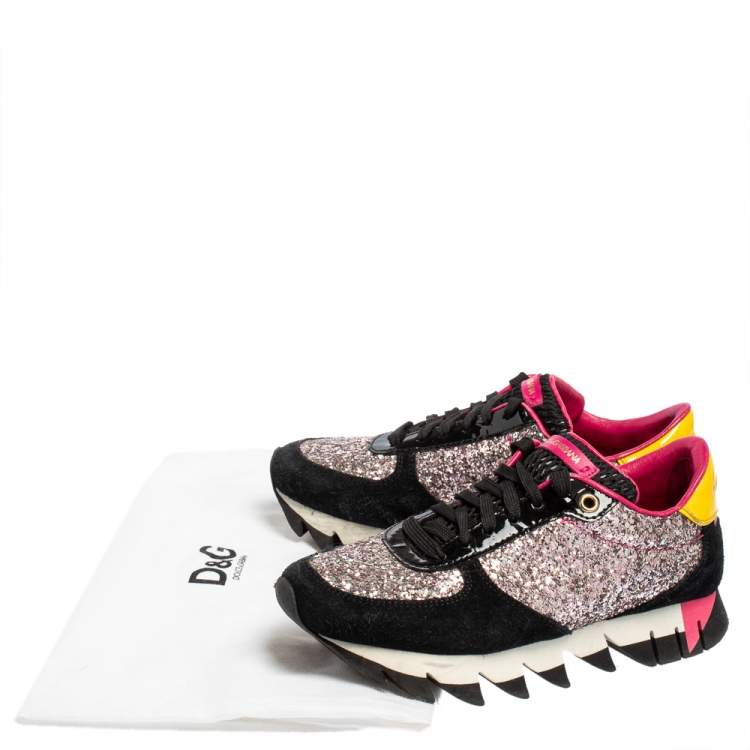 Pre Owned Dolce & Gabbana Multicolor Suede, Coarse Glitter And Patent Low Top Sneakers Size 35