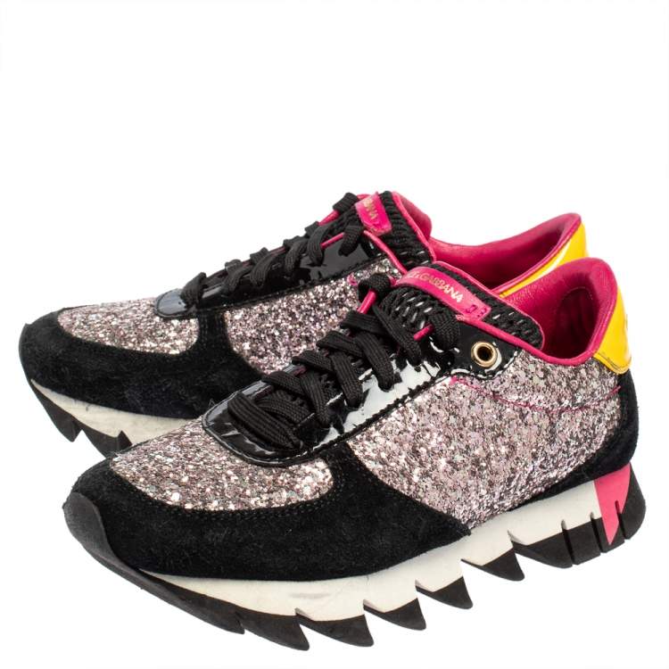 Pre Owned Dolce & Gabbana Multicolor Suede, Coarse Glitter And Patent Low Top Sneakers Size 35