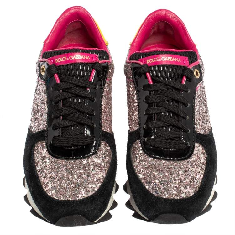 Pre Owned Dolce & Gabbana Multicolor Suede, Coarse Glitter And Patent Low Top Sneakers Size 35