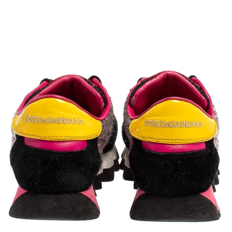Pre Owned Dolce & Gabbana Multicolor Suede, Coarse Glitter And Patent Low Top Sneakers Size 35