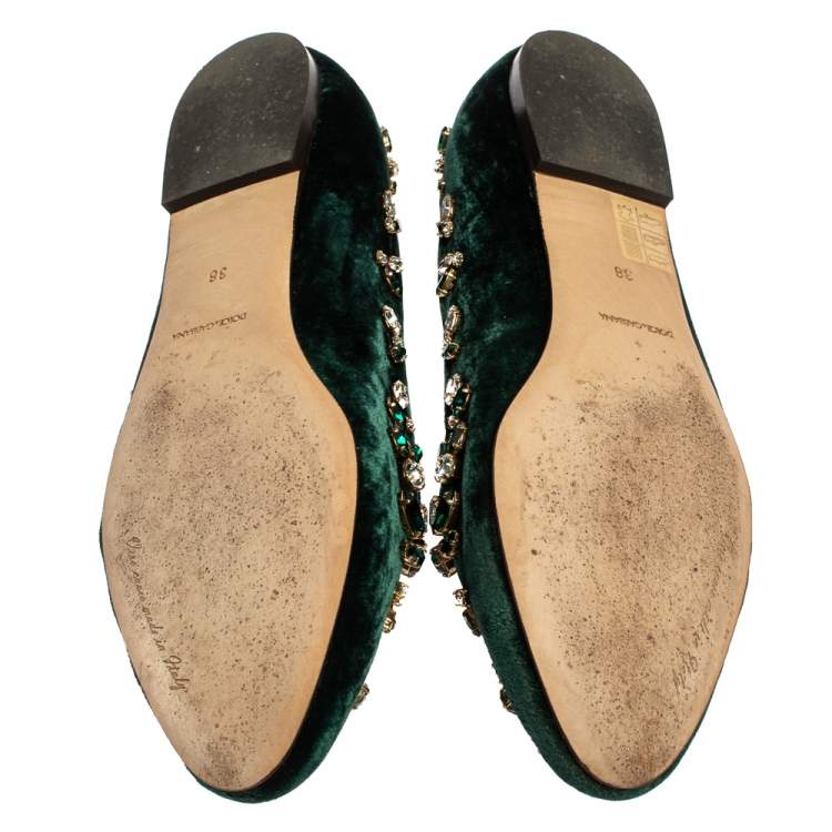 Pre Owned Dolce & Gabbana Green Velvet Crystal Velvet Loafers Size 38