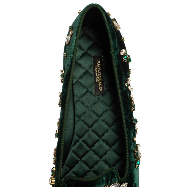 Pre Owned Dolce & Gabbana Green Velvet Crystal Velvet Loafers Size 38