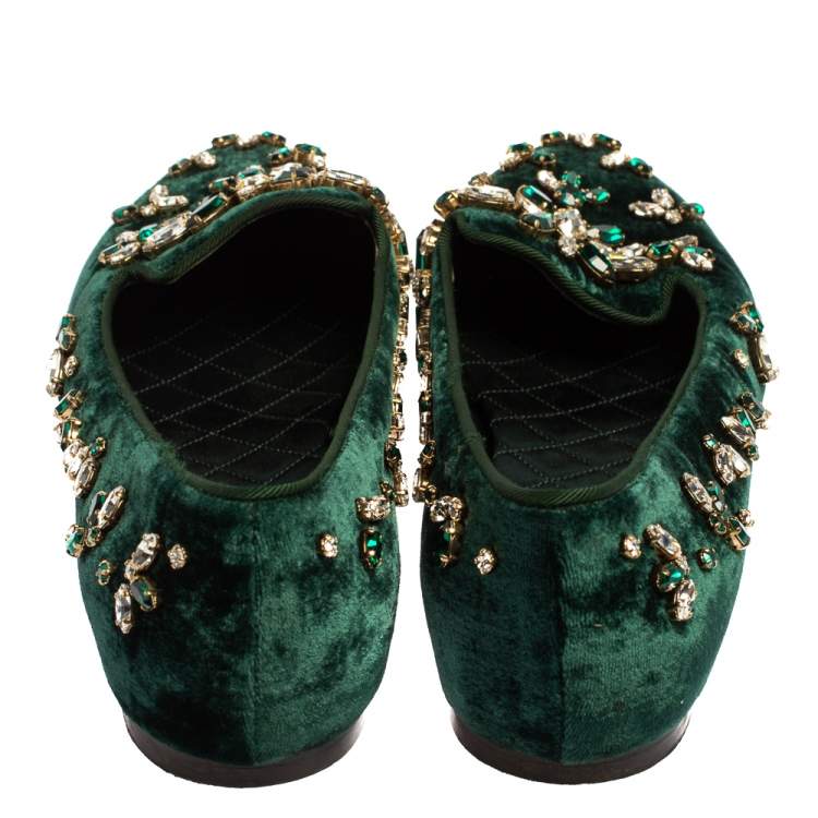 Pre Owned Dolce & Gabbana Green Velvet Crystal Velvet Loafers Size 38