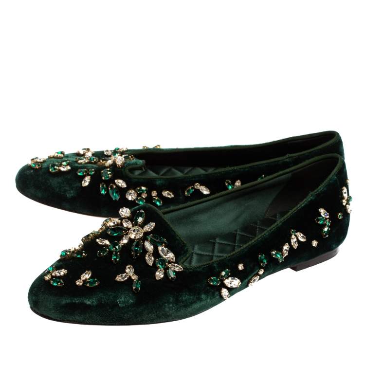 Pre Owned Dolce & Gabbana Green Velvet Crystal Velvet Loafers Size 38