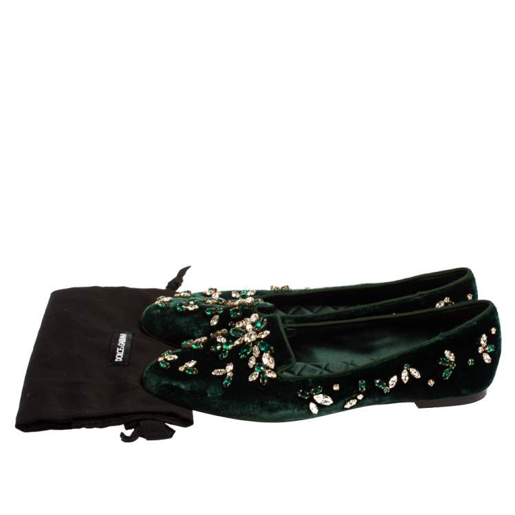 Pre Owned Dolce & Gabbana Green Velvet Crystal Velvet Loafers Size 38