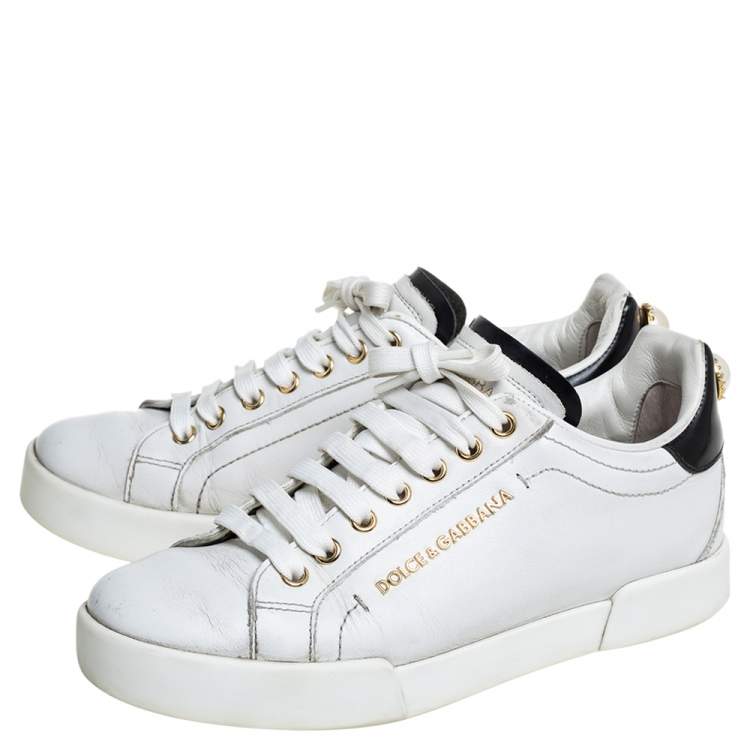 مملوكة مسبقًا Dolce & Gabbana White/Black Leather Portofino Pearl Embellished Low Top Sneakers Size 37