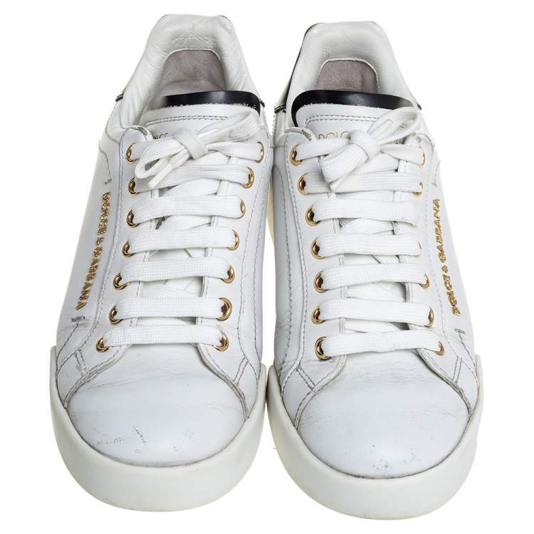 مملوكة مسبقًا Dolce & Gabbana White/Black Leather Portofino Pearl Embellished Low Top Sneakers Size 37