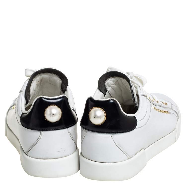 مملوكة مسبقًا Dolce & Gabbana White/Black Leather Portofino Pearl Embellished Low Top Sneakers Size 37