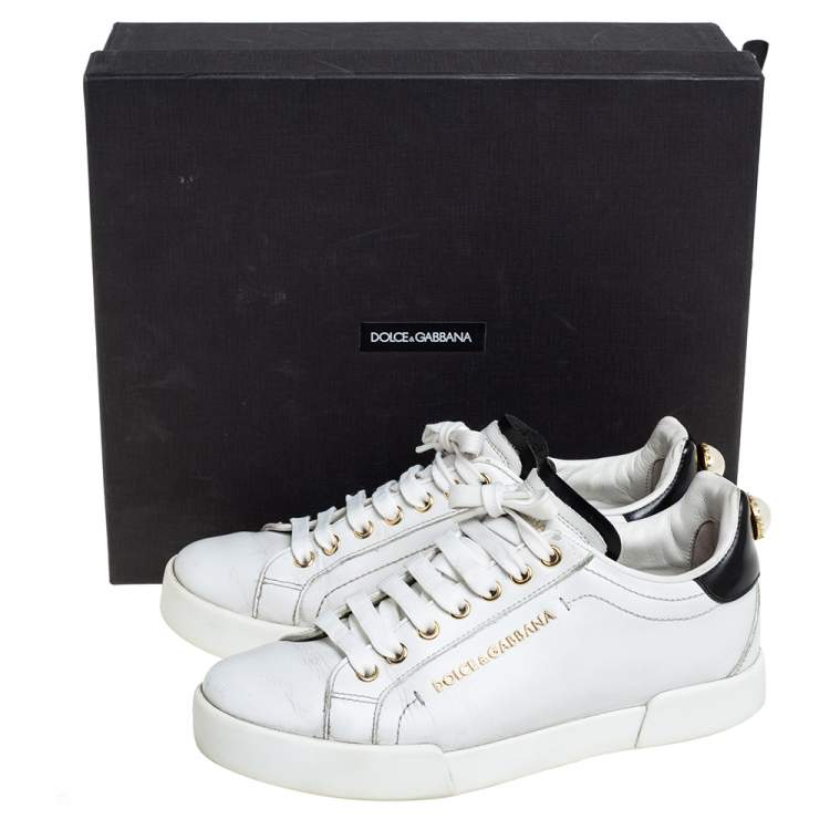 مملوكة مسبقًا Dolce & Gabbana White/Black Leather Portofino Pearl Embellished Low Top Sneakers Size 37