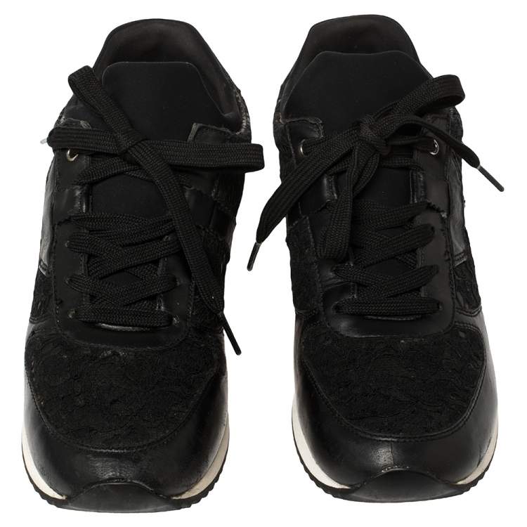 Pre Owned Dolce & Gabbana Black Lace And Leather Low Top Sneakers Size 38.5