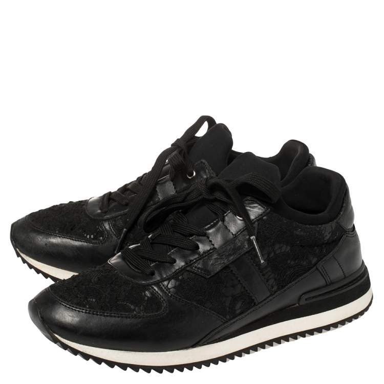 Pre Owned Dolce & Gabbana Black Lace And Leather Low Top Sneakers Size 38.5