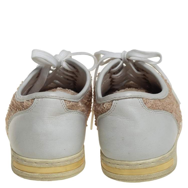Pre Owned Dolce &Gabbana White/Brown Leather Sequin Embellished Sneakers Size 34