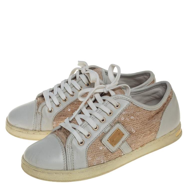 Pre Owned Dolce &Gabbana White/Brown Leather Sequin Embellished Sneakers Size 34