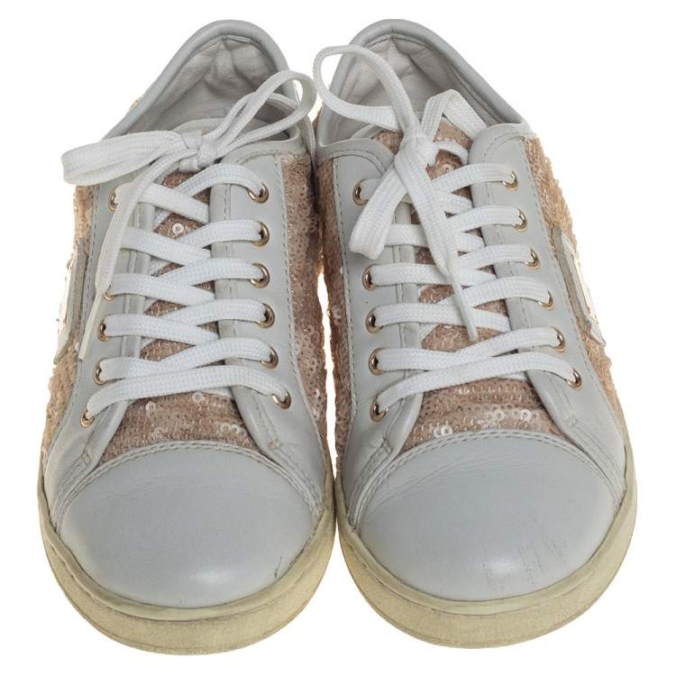 Pre Owned Dolce &Gabbana White/Brown Leather Sequin Embellished Sneakers Size 34