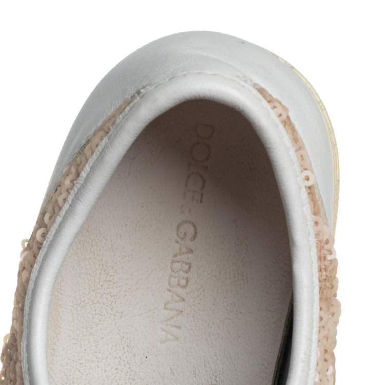 Pre Owned Dolce &Gabbana White/Brown Leather Sequin Embellished Sneakers Size 34