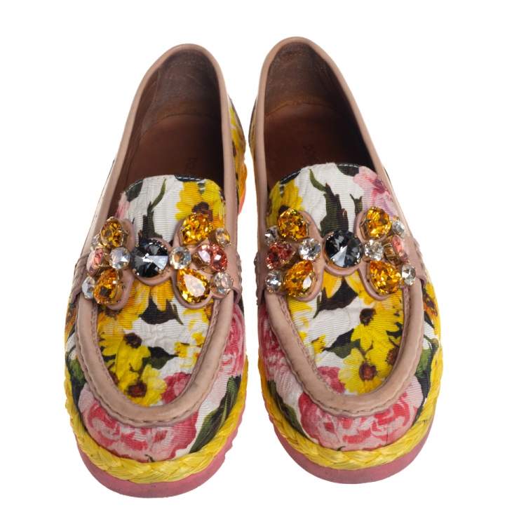 Pre Owned Dolce & Gabbana Multicolor Brocade Fabric And Leather Crystal Embellished Loafers Size 37