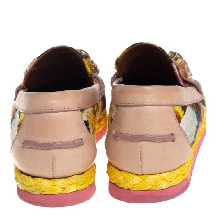 Pre Owned Dolce & Gabbana Multicolor Brocade Fabric And Leather Crystal Embellished Loafers Size 37
