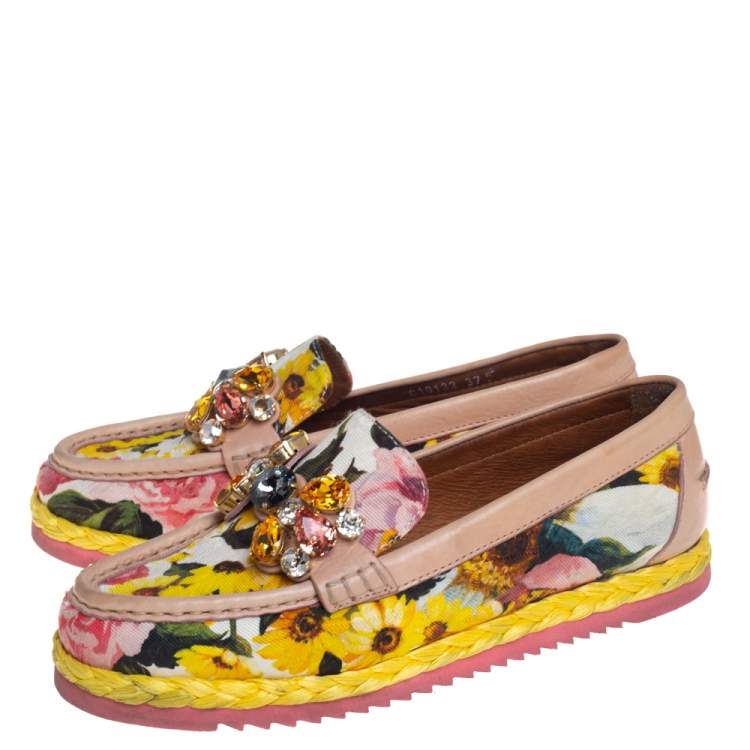 Pre Owned Dolce & Gabbana Multicolor Brocade Fabric And Leather Crystal Embellished Loafers Size 37