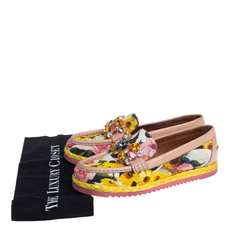 Pre Owned Dolce & Gabbana Multicolor Brocade Fabric And Leather Crystal Embellished Loafers Size 37