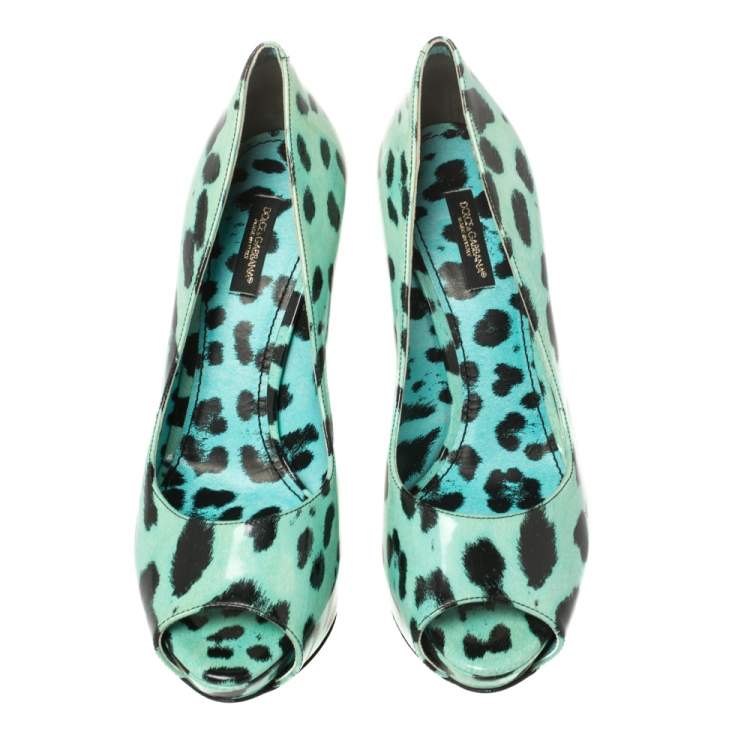 Pre Owned Dolce & Gabbana Blue Animal Print Patent Leather Peep Toe Pumps Size 38