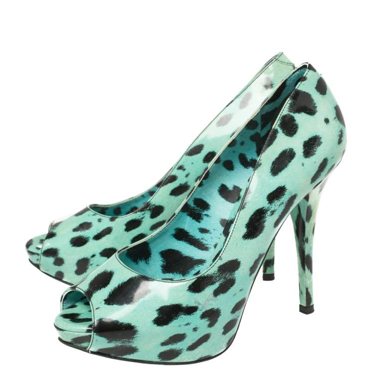 Pre Owned Dolce & Gabbana Blue Animal Print Patent Leather Peep Toe Pumps Size 38