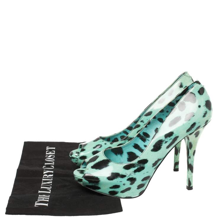 Pre Owned Dolce & Gabbana Blue Animal Print Patent Leather Peep Toe Pumps Size 38