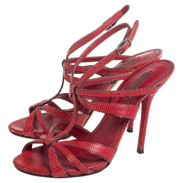 Pre Owned Dolce & Gabbana Red Lizard Embossed Leather Strappy Sandals Size 37