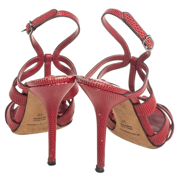 Pre Owned Dolce & Gabbana Red Lizard Embossed Leather Strappy Sandals Size 37