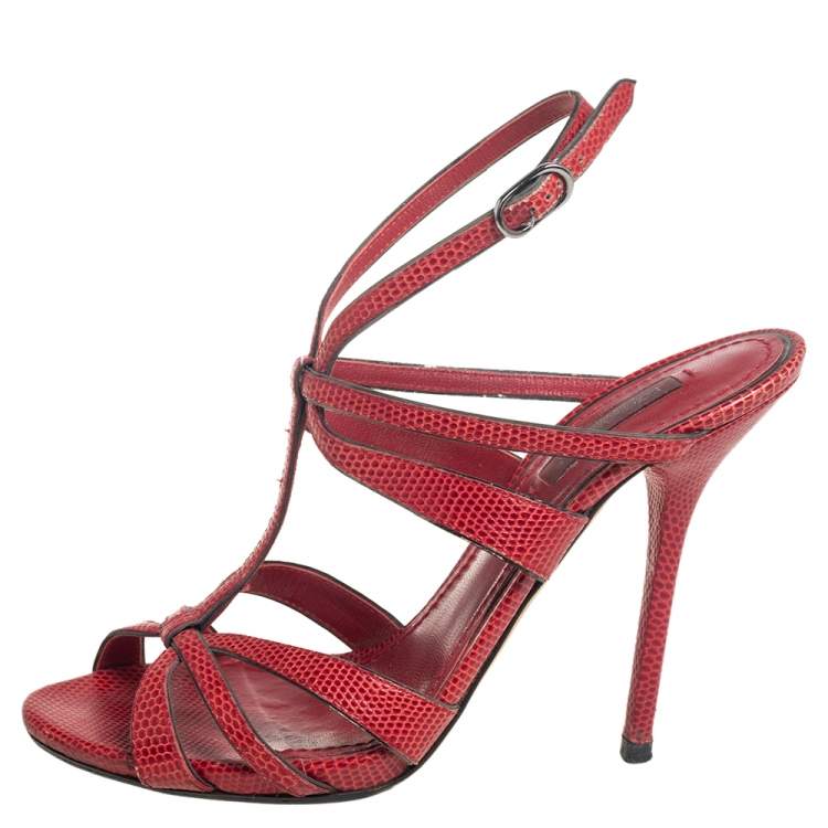 Pre Owned Dolce & Gabbana Red Lizard Embossed Leather Strappy Sandals Size 37