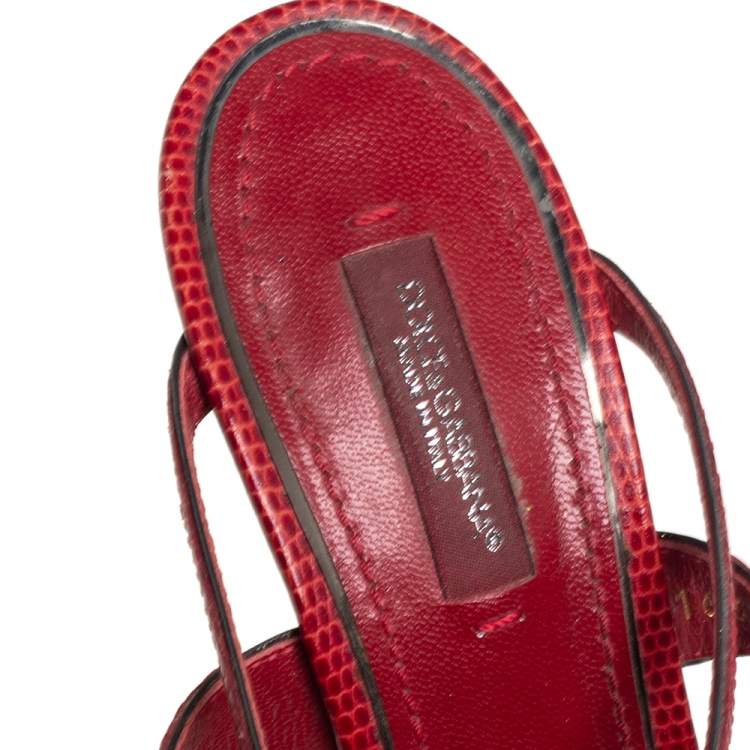 Pre Owned Dolce & Gabbana Red Lizard Embossed Leather Strappy Sandals Size 37