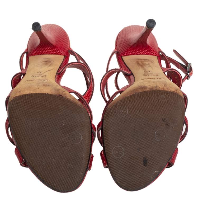Pre Owned Dolce & Gabbana Red Lizard Embossed Leather Strappy Sandals Size 37