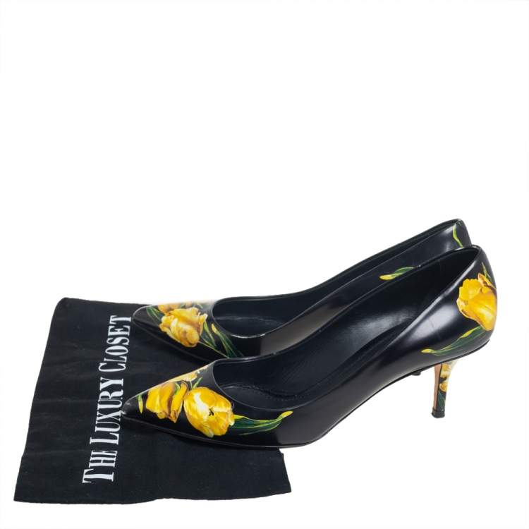 Pre Owned Dolce & Gabbana Black Floral Print Leather Pointed Toe Pumps Size 38