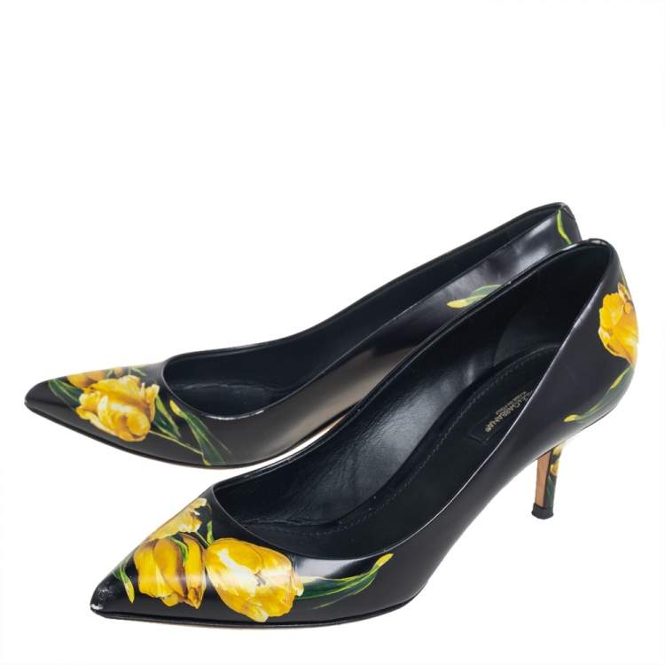 Pre Owned Dolce & Gabbana Black Floral Print Leather Pointed Toe Pumps Size 38