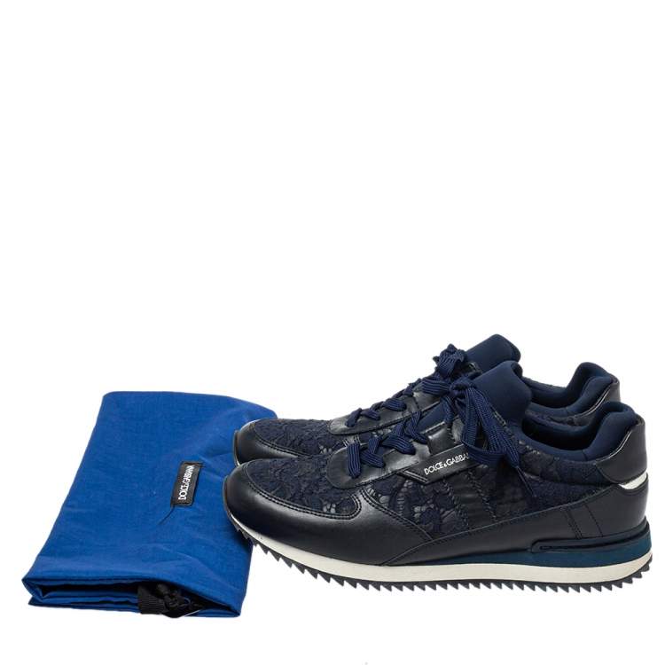 Pre Owned Dolce & Gabbana Blue/ Black Lace And Leather Low Top Sneakers Size 39